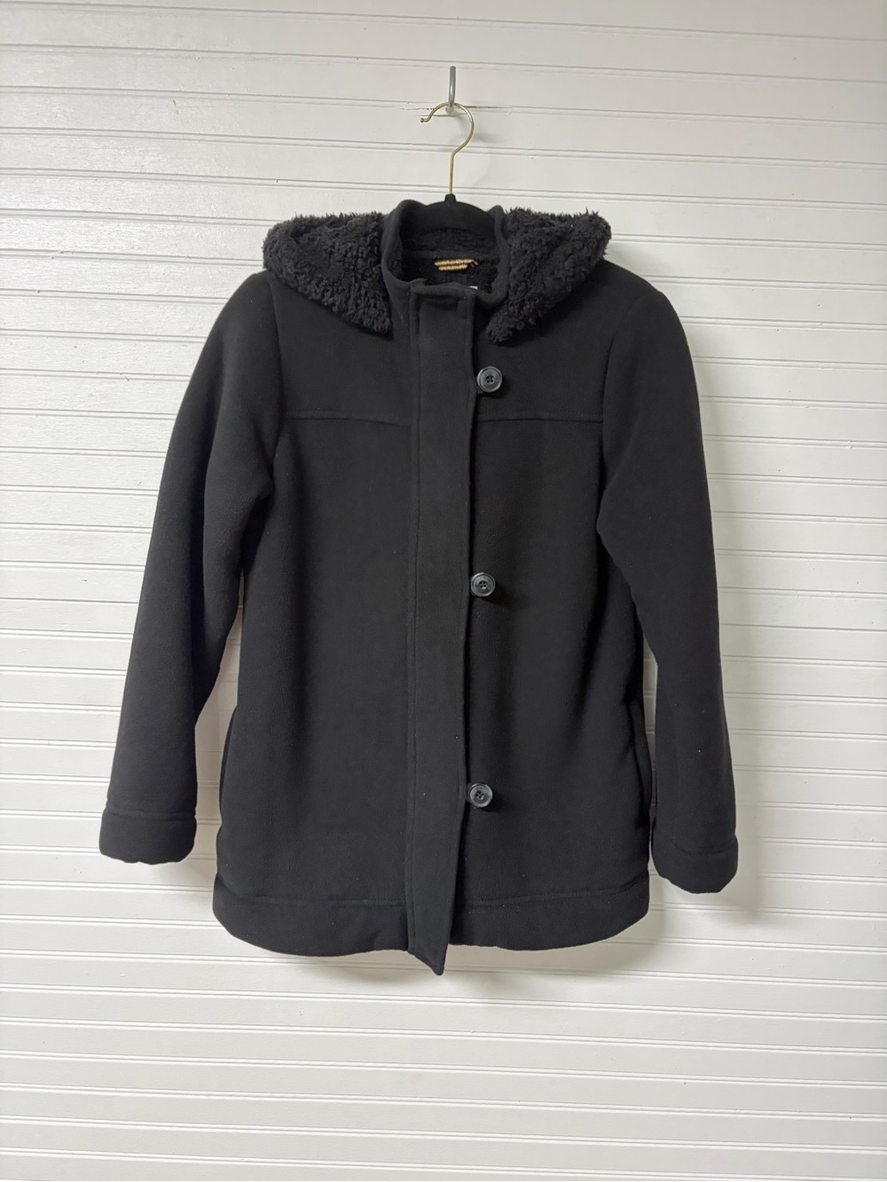 Old Navy Black Hooded Pea Coat with Faux-Shearling Trim